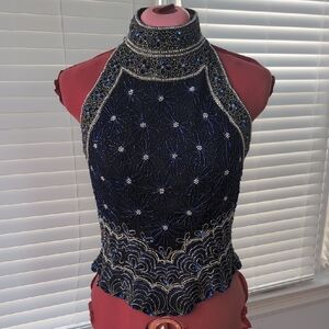 Vintage Papell Boutique Hand Beaded Floral Silk High Neck Evening Top Luxury